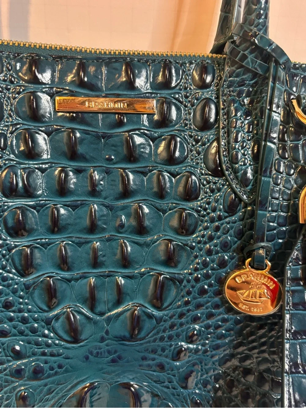 NWOT Brahmin Caroline-Juniper Melbourne Teal Croc-Embossed Top-Handle Tote